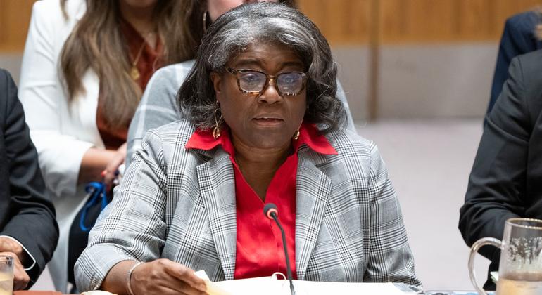 Ambassador Linda Thomas-Greenfield of the United States addresses the Security Council meeting on the situation in the Middle East, including the Palestinian question.